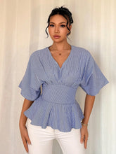 Striped Ruffle Waisted Design Short Sleeve Chic Blouse For Women